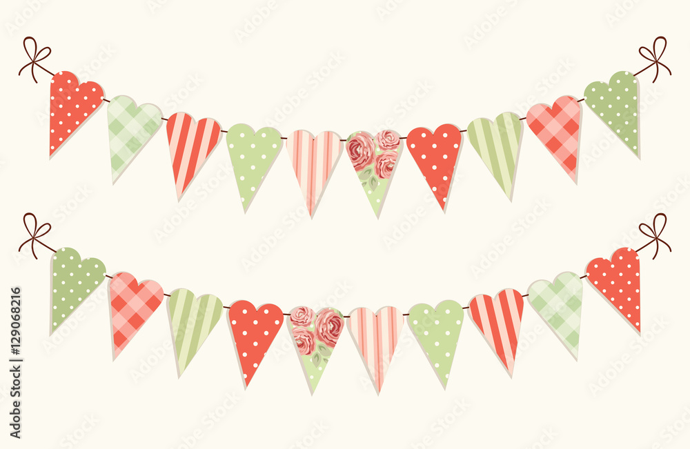Fototapeta premium Cute vintage heart shaped shabby chic textile bunting flags ideal for Valentines Day, wedding, birthday, bridal shower, baby shower, retro party decoration etc