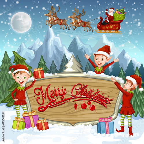 Christmas banners with Santa Claus riding on sleigh with reindeer  and Santa's elves