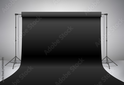Empty black photo studio. Realistic 3D template mock up. Backdrop stand (tripods) with black paper backdrop. Black background. Vector illustration.