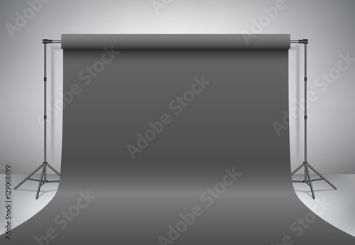 Empty photo studio. Realistic 3D template mock up. Backdrop stand (tripods) with dark grey paper backdrop. Grey background. Vector illustration.