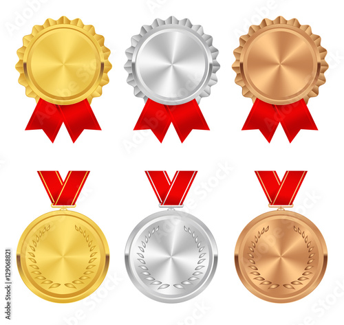 Set of gold, silver and bronze award medals. Rosettes with red ribbons. Medal, rosette vector collection isolated on white background. Premium badges. Winner awards.