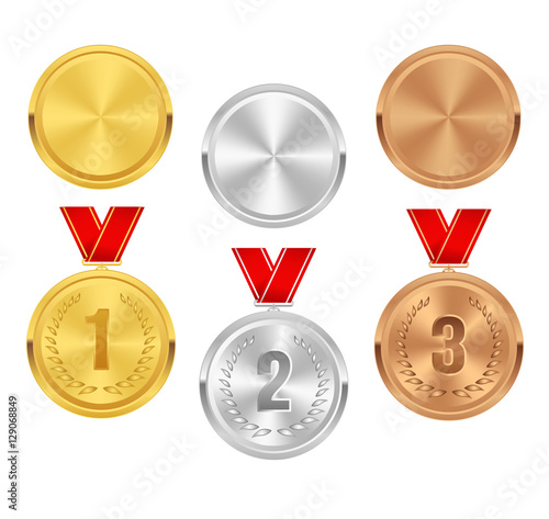 Set of gold, silver and bronze award medals with red ribbons. Medal round empty polished vector collection isolated on white background. Premium badges. Winner awards. Coins buttons icons.