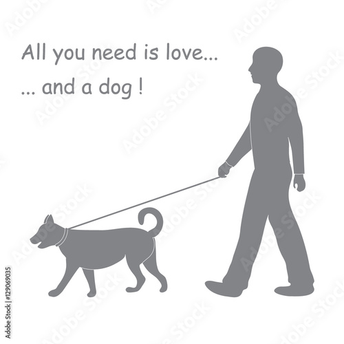 Silhouette of a man walking a dog on a leash. Design element for