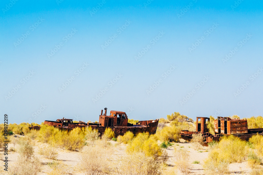 Fototapeta premium Old rustic boats and ships in a desert around Moynaq, Muynak or Moynoq - Aral sea or Aral lake - Uzbekistan, Central Asia.