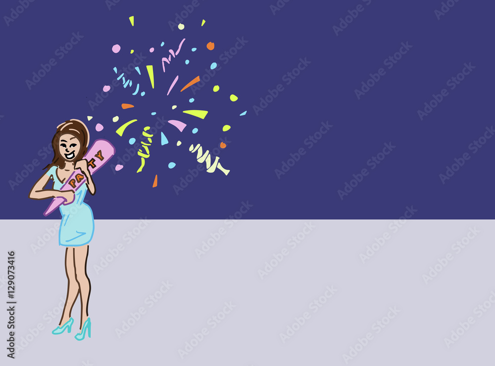 Kleurige tekening van meisje met confetti kanon