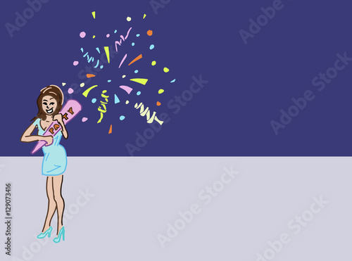 Kleurige tekening van meisje met confetti kanon