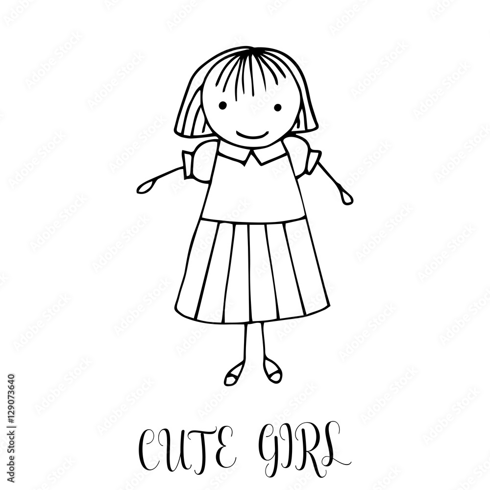 Fototapeta premium Cute little girl. Hand drawing in funny kids style. Design element for decoration souvenirs, cards, poster, banner. Imitation drawing child. Doodles. Vector illustration isolated on white background.