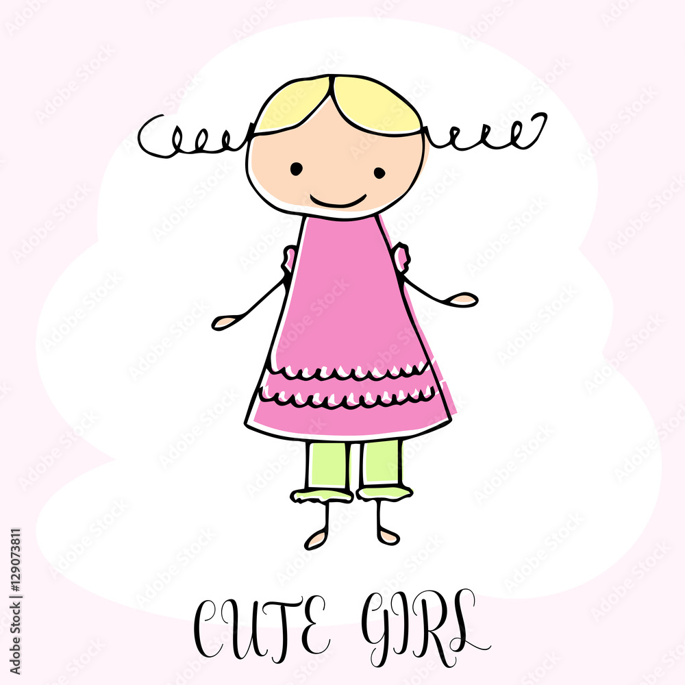 Cute little girl. Hand drawing in funny kids style. Design element for decoration souvenirs, cards, poster, banner. Imitation drawing child. Doodles. Vector illustration isolated on white background. Cute little girl. Hand drawing in funny kids style. Design element for decoration souvenirs, cards, poster, banner. Imitation drawing child. Doodles. Vector illustration isolated on white background.