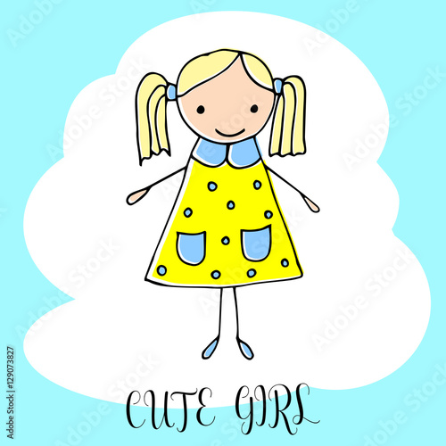 Cute little girl. Hand drawing in funny kids style. Design element for decoration souvenirs, cards, poster, banner. Imitation drawing child. Doodles. Vector illustration isolated on white background.