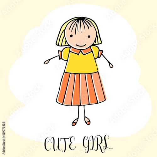Cute little girl. Hand drawing in funny kids style. Design element for decoration souvenirs, cards, poster, banner. Imitation drawing child. Doodles. Vector illustration isolated on white background.