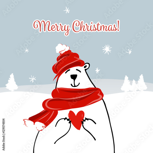 Christmas card with white santa bear