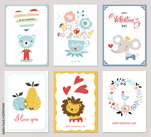 Valentine's Cards design collection. Bouquet, floral wreath, apple, pear, bird, hearts, Teddy Bear, elephant and little lion. Vector illustration.