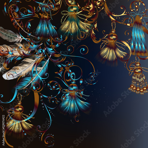 Fashion illustration with feathers and tassles