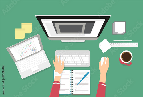Human female hands typing on the computer keyboard using laptop and notebook for work or learning. Education illustration on green background of working or learning student desktop