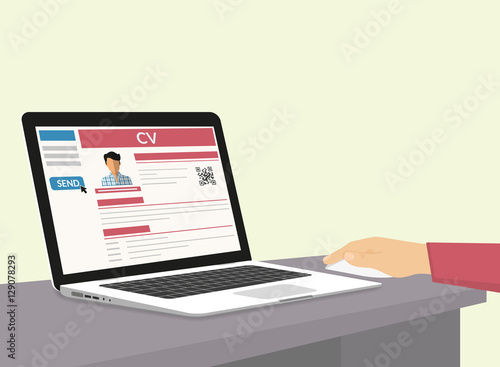 Man is sending his CV via e-mail. Flat illustration of human hand working with laptop at home to prepare and send his cv using internet browser and recruiting website