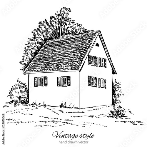 Vintage vector sketch tile old european house, mansion, Historical building sketchy line art isolated, touristic postcard, poster, calendar template, page idea with european houses, book illustration