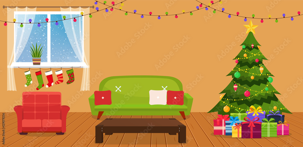 Christmas room interior with sofa, writing desk and green Christmas tree by the window.