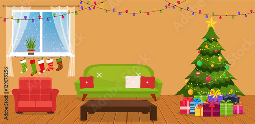 Fototapeta Naklejka Na Ścianę i Meble -  Christmas room interior with sofa, writing desk and green Christmas tree by the window.