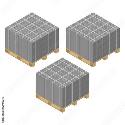 Isometric wooden pallet with cinder blocks, vector illustration.