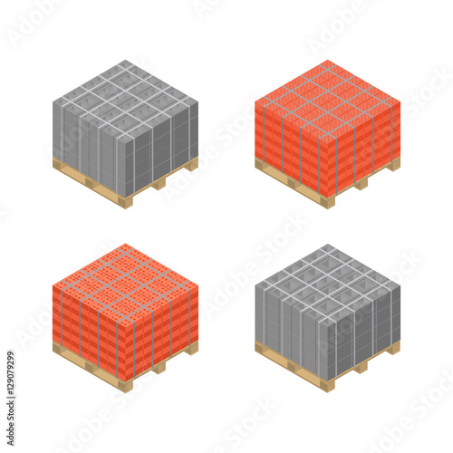 Isometric wooden pallet with cinder blocks and bricks, vector illustration.