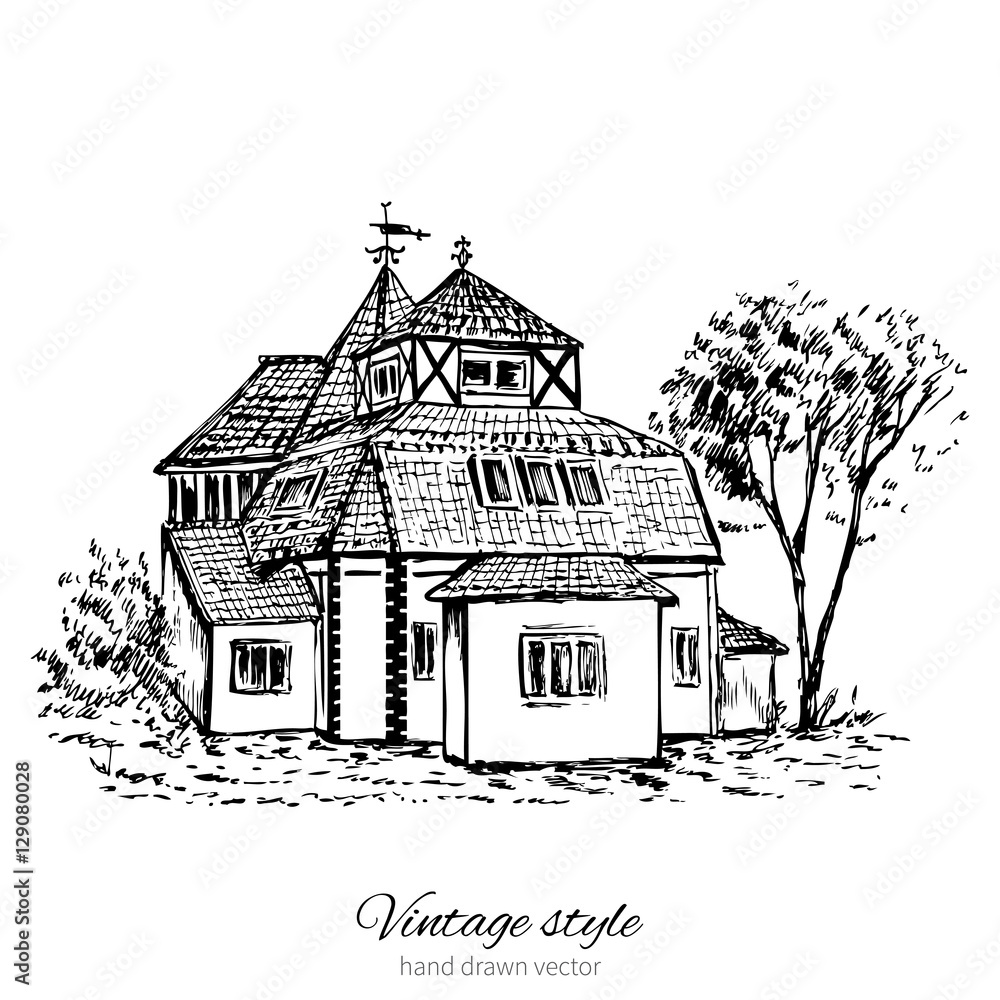 Vintage vector sketch tile old european house, mansion, Historical building sketchy line art isolated, touristic postcard, poster, calendar template, page idea with european house, book illustration