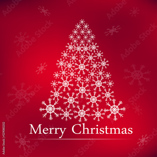 Christmas and New Years red background with Christmas Tree made of cut out paper snowflakes