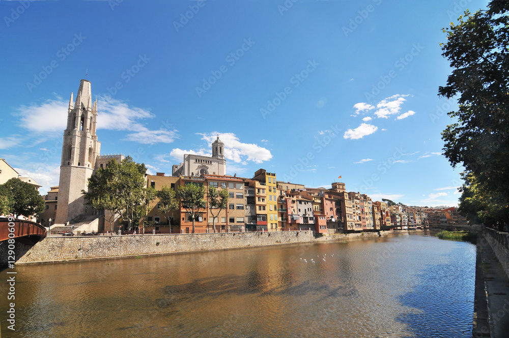 Panorama of the Catalan  city of Girona on the river Onyar
