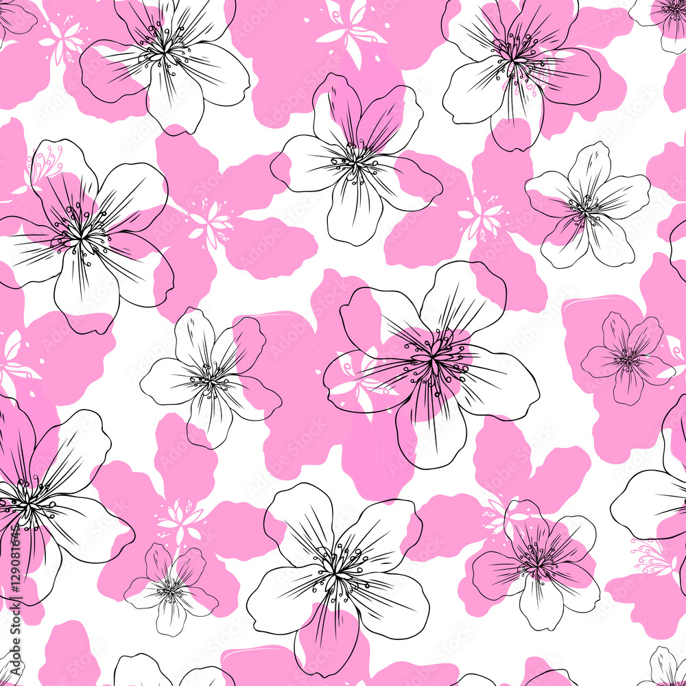 Apple flower blossom hand drawn isolated on white background, seamless vector floral pattern, pink sakura outline art for greeting card, package design cosmetic, wedding invitation, wallpaper beauty Apple flower blossom hand drawn isolated on white background, seamless vector floral pattern, pink sakura outline art for greeting card, package design cosmetic, wedding invitation, wallpaper beauty