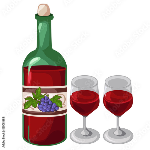 Bottle of red wine and two filled glasses