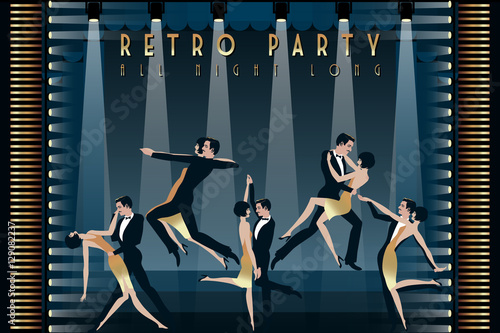 А couple dancing the Charleston: Retro party invitation design template. Vector illustration..