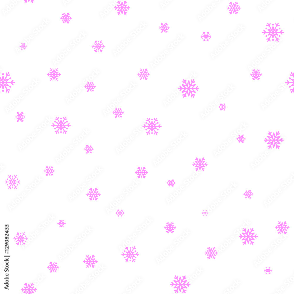 Snowflake simple seamless pattern. Pink snow on white background. Abstract wallpaper, wrapping decoration. Symbol of winter, Merry Christmas holiday, Happy New Year celebration Vector illustration