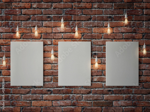 White posters with light bulbs on red brick wall, 3d illustration