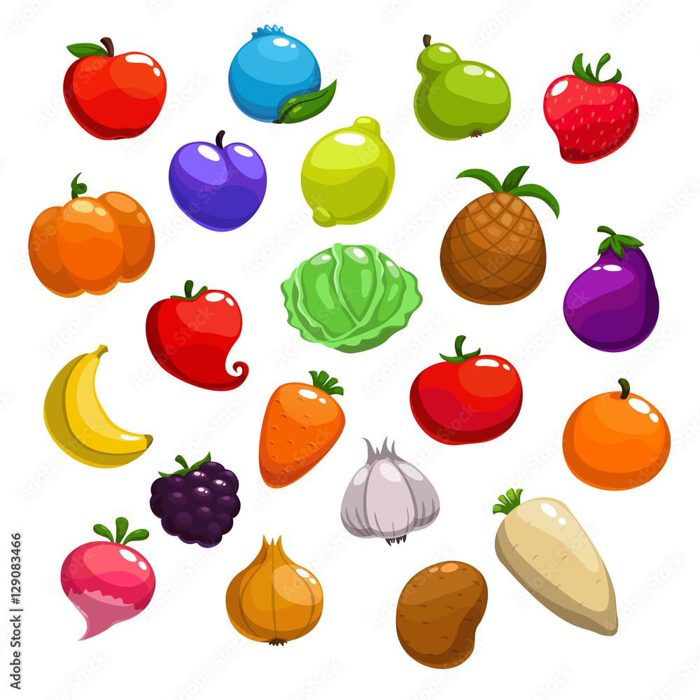 Cartoon fruits, berries and vegetable icons Cartoon fruits, berries and vegetable icons