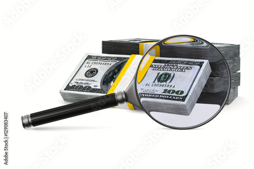Magnifier and money on whit...