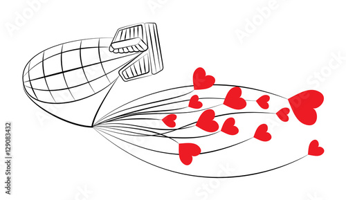 Vector illustration of blimp carrying red hearts. 