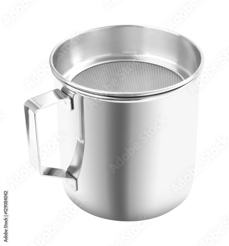 Upper handle open stainless gutter cup with filter on white background.