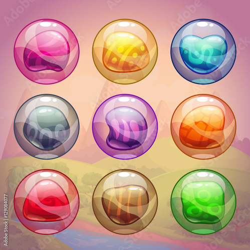 Colorful glossy bubbles with magic stones inside
