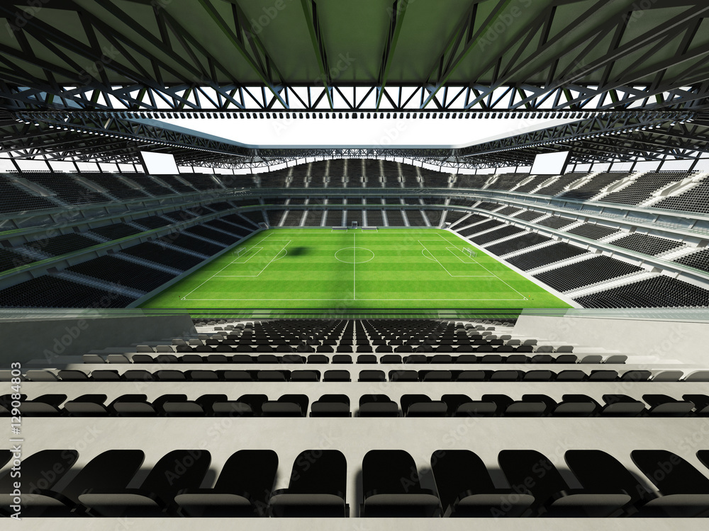 Fototapeta premium 3D render of a large capacity soccer-football Stadium with an open roof and black seats