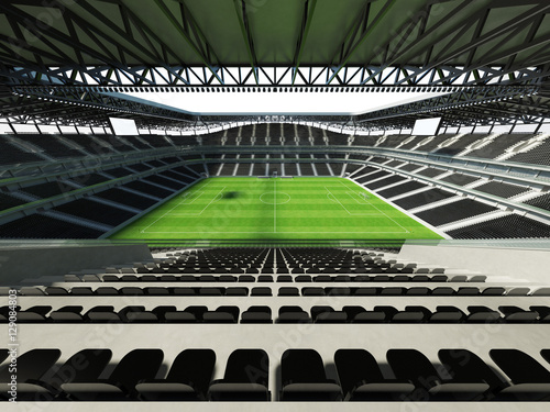 3D render of a large capacity soccer-football Stadium with an open roof and black seats