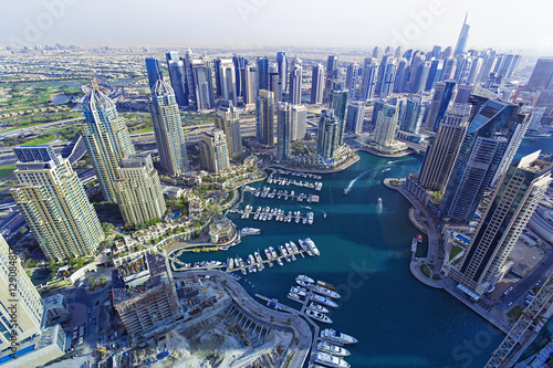 Canvas Print Top view on Dubai Marina and luxury yachts at the sunset,Dubai,United Arab Emira
