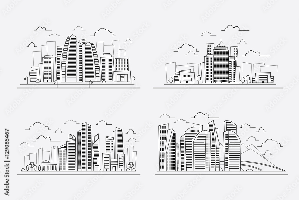 Line drawing skyscrapers, vector contour cityscape elements