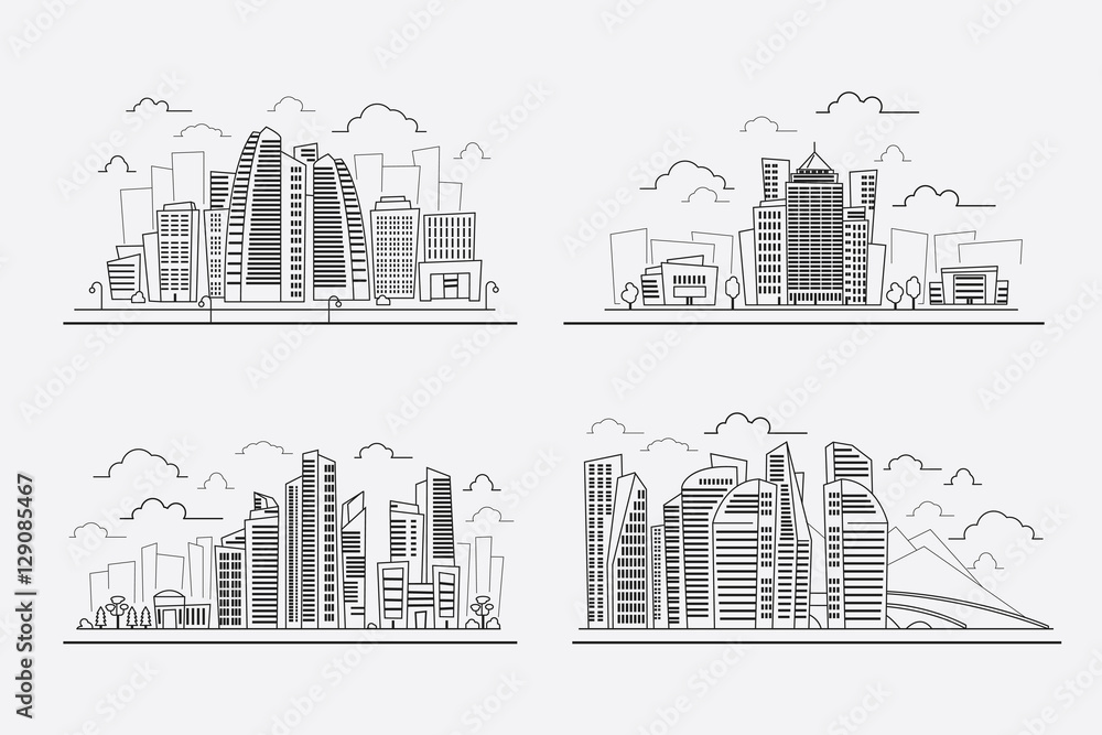 Fototapeta premium Line drawing skyscrapers, vector contour cityscape elements
