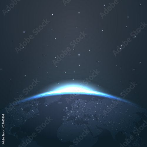 Sunrise horizon over earth from space with stars and lights vector illustration