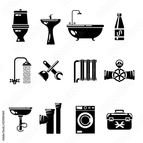 Plumbing icons. Water pipe and shower, toilet sink vector symbols