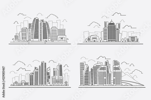 Line drawing skyscrapers, vector contour cityscape elements
