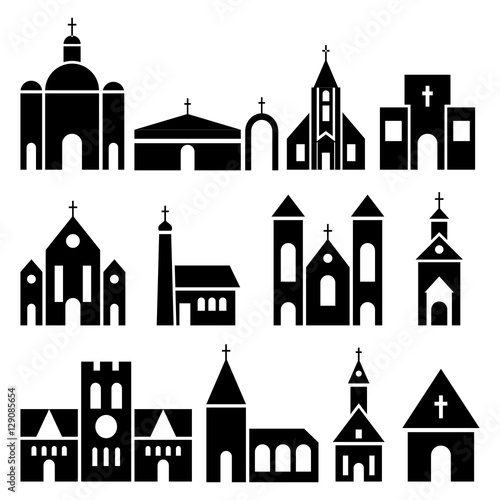 Church building icons. Vector basilica and chapel silhouettes