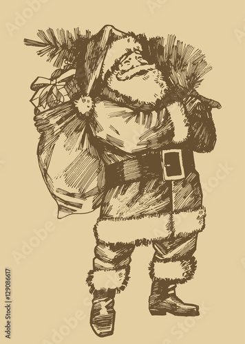 santa claus etching style drawing. vintage style christmas card.