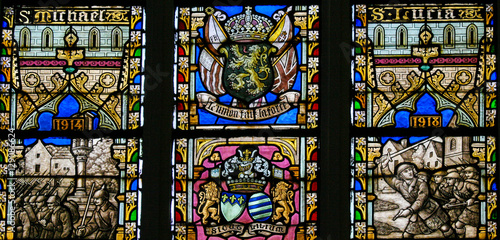 Stained Glass - Belgian Lion and Flags of WWI Allies photo