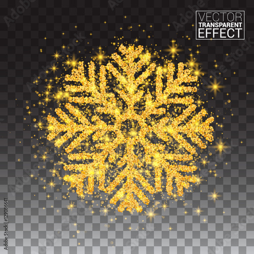 Shine golden snowflake covered with glitter on transparent background. Gold Snow. Christmas decoration shining sparkling light effect. New Year. Vector Illustration.