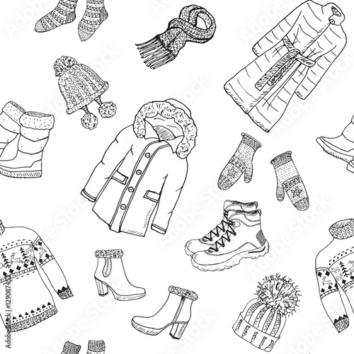 Winter season doodle clothes seamless pattern. Hand drawn sketch elements warm raindeer sweater, coat, boots, socks, gloves and hats. vector background illustration.